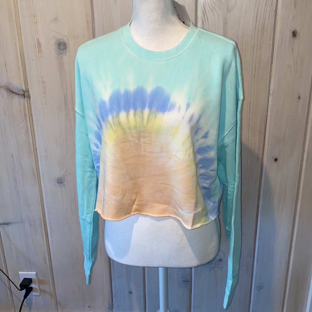 Wesley Ecosoft Cropped Crewneck Sweatshirt in Seafoam/horizon Burst Tie Dye nwt